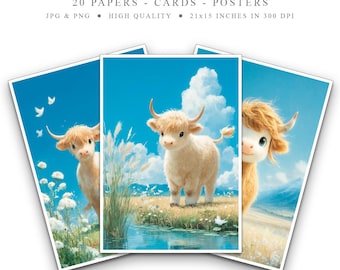 Söta höglandskor konsttryck set | Digital nedladdning, utskrivbar väggkonst, scrapbooking, korttillverkning, landsbygdslandskap, djurposter