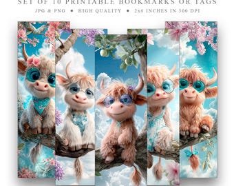 Highland Cow Bookmarks Set - 10 Printable Animal Farm Digital Downloads, Cute Whimsical Cow PNGs, Gift for Cow Lovers, Instant Download