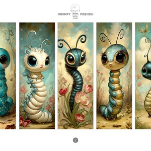 May include: Five whimsical caterpillar illustrations with large eyes and antennae. Each caterpillar has a unique color scheme, including blue, white, and black, and is set against a soft, floral background. The text "GRUMPY FRENCH" is at the top.