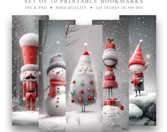 May include: Set of 10 printable Christmas bookmarks featuring whimsical illustrations of a snowman, a nutcracker, a Christmas tree, a girl with presents, and an elf. The bookmarks are 2x6 inches and 300 DPI.