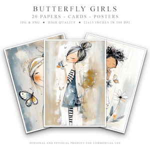 Poster art papercraft filles papillon, décoration murale imprimable, jeu de cartes à téléchargement numérique fantaisiste et papier d'invitation, impression murale à encadrer