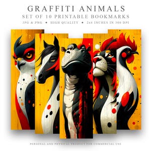 10 Graffiti Animals printable Bookmarks Set, Digital Download JPG Bookmark, PNG bookmark sublimation, whimsical bookmark, instant download