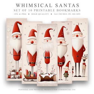 10 Santas Printable Bookmarks Set, Digital Download JPG Bookmark, PNG bookmark sublimation, whimsical bookmark, instant download, xmas gift