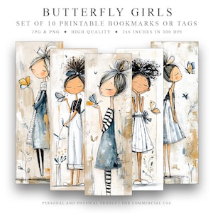 10 Butterfly Girls printable Bookmarks Set, Digital Download JPG Bookmark, PNG bookmark sublimation, whimsical bookmark, instant download