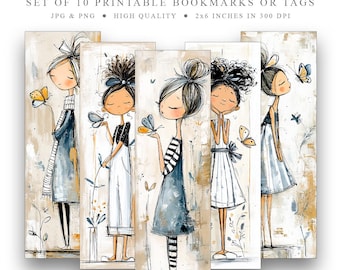 10 Butterfly Girls printable Bookmarks Set, Digital Download JPG Bookmark, PNG bookmark sublimation, whimsical bookmark, instant download