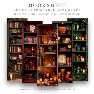 Peut inclure: Ensemble de 10 marque-pages imprimables présentant trois styles différents de bibliothèques avec divers livres, objets décoratifs et lumières féériques. Chaque marque-page mesure 5,1x15,2 cm et 300 DPI.