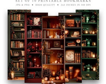 May include: Set of 10 printable bookmarks featuring three different styles of bookshelves with various books, decorative items, and fairy lights. Each bookmark is 2x6 inches and 300 DPI.