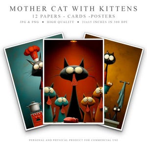 Mère chat avec chatons, affiche d'art en papercraft, décoration murale imprimable, cadeau pour amoureux des chats, cartes à téléchargement numérique, jeu de papiers pour chambre de bébé chat