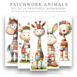 Juego de 10 marcapáginas imprimibles de animales patchwork, marcapáginas digital JPG, marcapáginas PNG sublimado, marcapáginas caprichoso, descarga instantánea