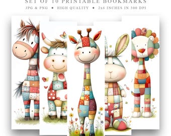 10 patchwork animals Printable Bookmarks Set, Digital Download JPG Bookmark, PNG bookmark sublimation, whimsical bookmark, instant download