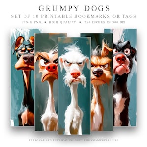 10 Grumpy Dogs Bookmarks Set, Digital Download JPG Bookmark, PNG bookmark sublimation, Printable Bookmark, instant download, Whimsical Dogs