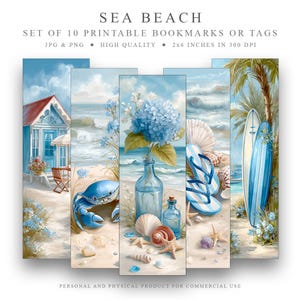 Op de afbeelding: Set van 10 afdrukbare bladwijzers of tags met een zeestrandthema. Elke bladwijzer toont strandscènes met een blauw kleurenpalet, waaronder een strandhuis, bloemen, schelpen en surfplanken. De tekst luidt "SEA BEACH". Elke bladwijzer is 5,08 cm x 15,24 cm groot.