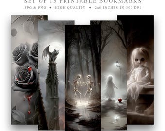 Dark Halloween Bookmarks: Gothic Raven, Skull, Bat Designs (Digital Download)