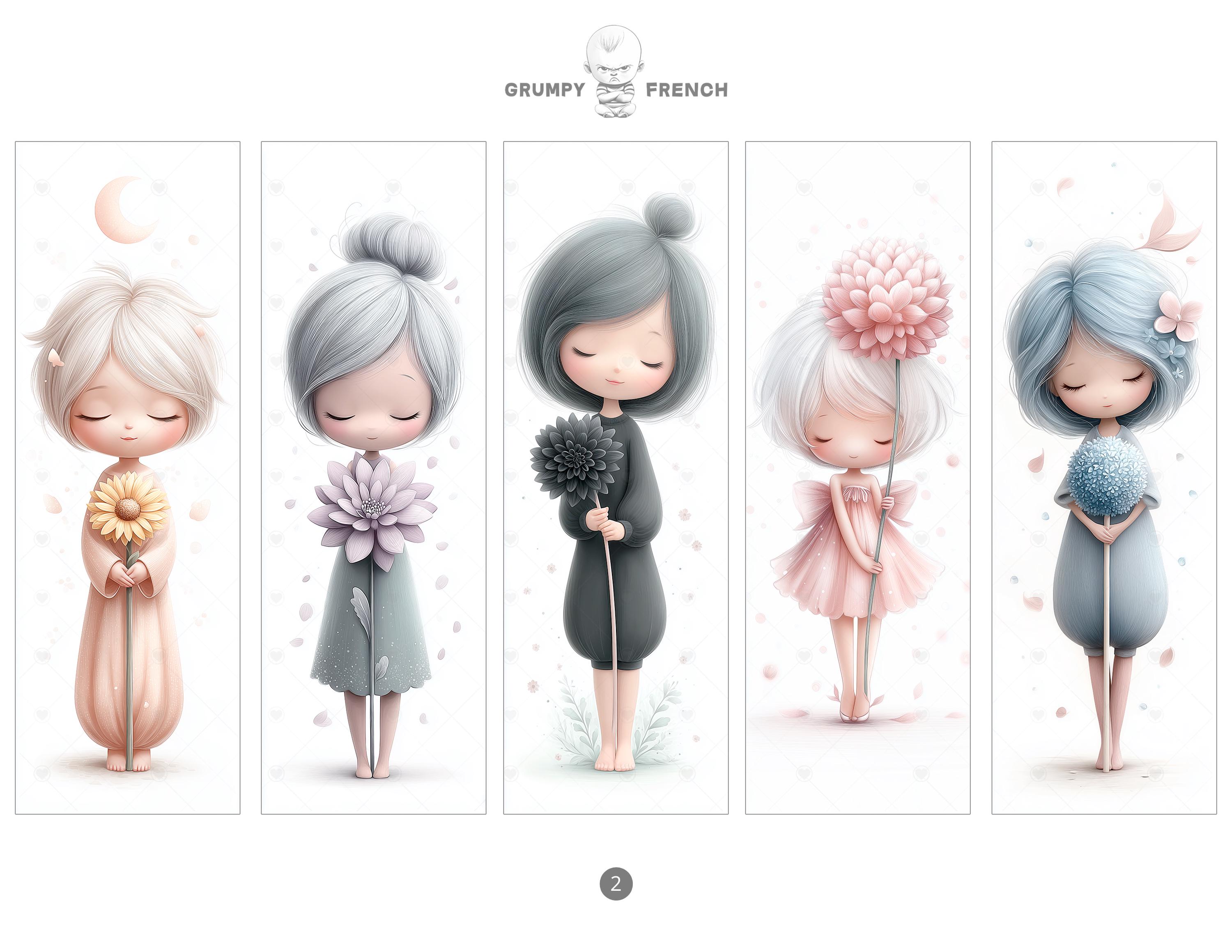 Flower Girls Bookmarks Set, Printable Pastel Bookmarks for Kids, Book ...