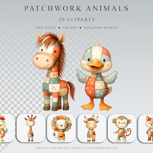 Patchwork Tiere Clipart Bundle - 10 süße druckbare Kinderzimmer Tiere PNGs für Baby Shower Poster & Karten, Kinder Wand Designs