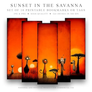Sunset Savanna, 10 Animals printable Bookmarks Set, Digital Download JPG Bookmark, PNG bookmark, safari animals bookmark, instant download