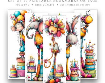 May include: Set of 10 printable bookmarks or tags featuring quirky birthday animals. The image shows a monkey, elephant, lion, rabbit, and bee, each with a birthday cake. The text reads "Quirky Birthday Animals". Each bookmark is 2x6 inches.