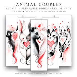 May include: Set of 10 printable bookmarks or tags featuring cute animal couples in black and white with red hearts. The bookmarks are 5.1x15.2 cm and 300 DPI.