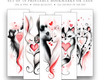 May include: Set of 10 printable bookmarks or tags featuring cute animal couples in black and white with red hearts. The bookmarks are 2x6 inches and 300 DPI.