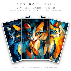 12 chats abstraits, ensemble de papiers, fabriqué en papier, affiche de chat artistique, affiche de décoration murale, cadeau pour amoureux des chats, cartes imprimables, impression numérique à télécharger