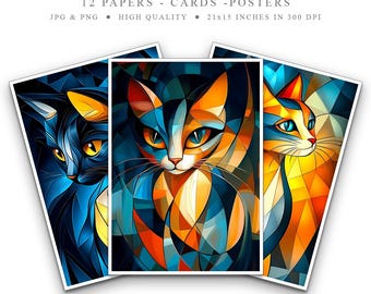 Abstract Cat Art Prints: Modern Geometric Wall Decor (Digital Download, 4500x6300 inches)