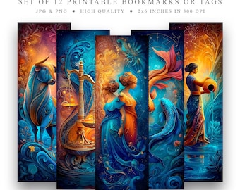 May include: Set of 12 printable bookmarks or tags featuring zodiac signs. Each bookmark is 2x6 inches and showcases vibrant illustrations of astrological symbols and figures in shades of blue, orange, and gold. The text "ZODIAC SIGNS" is at the top.
