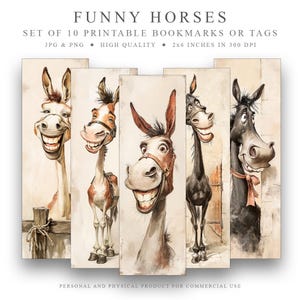 10 Funny Horses Printable Bookmarks Set, Digital Download JPG Bookmark, PNG bookmark sublimation, whimsical bookmark, instant download