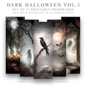 Dark Halloween Bookmarks: Raven, Skull, Bat Designs (Digital Download)