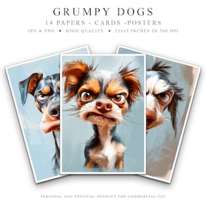 14 Grumpy Dogs, Paperset, poster di cani in carta, artistico, poster decorativo da parete, regalo per gli amanti dei cani, biglietti stampabili, stampa digitale scaricabile