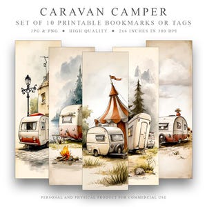 Puede incluir: Conjunto de 10 marcadores o etiquetas imprimibles con ilustraciones de acuarela de caravanas vintage en diferentes escenarios. Los marcadores miden 2x6 pulgadas y 300 DPI.