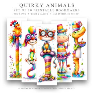 10 Quirky Animals printable Bookmarks Set, Digital Download JPG Bookmark, PNG bookmark sublimation, whimsical bookmark, instant download