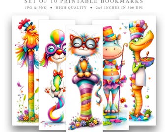 10 Quirky Animals printable Bookmarks Set, Digital Download JPG Bookmark, PNG bookmark sublimation, whimsical bookmark, instant download