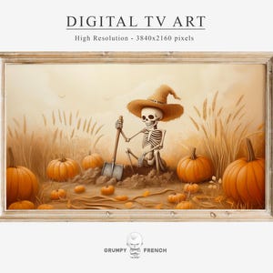 May include: A digital painting of a skeleton wearing a witch's hat and holding a shovel, standing in a field of wheat with pumpkins scattered around.