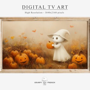 May include: A digital painting depicting a white ghost holding a jack-o'-lantern in a field of pumpkins. The ghost is wearing a pointed hat and has a sweet expression on its face. The pumpkins are scattered throughout the field, and the background is a soft, hazy orange.