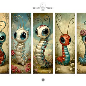 May include: Five whimsical illustrations of stylized caterpillars with large eyes and antennae. Each caterpillar has a unique color scheme, including blue, red, white, and teal, with floral accents and a soft, painterly background. The text "GRUMPY FRENCH" is at the top.