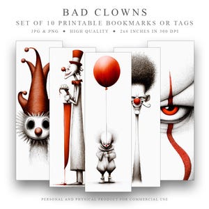 Könnte beinhalten: Set aus 10 druckbaren Lesezeichen oder Etiketten mit Illustrationen von gruseligen Clowns. Die Lesezeichen sind 5,08 cm x 15,24 cm groß und liegen im JPG- und PNG-Format vor. Das Bild enthält den Text "BAD CLOWNS".