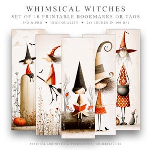 Könnte beinhalten: Set mit 10 druckbaren Lesezeichen oder Etiketten mit skurrilen Hexenillustrationen. Jedes Lesezeichen zeigt ein einzigartiges Hexen-Design mit schwarzem Hut und orangefarbener oder roter Kleidung. Die Lesezeichen sind 5 x 15 cm groß.