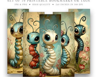 Whimsical Caterpillar Bookmarks Printable Set of 10, Cute Insect Digital Download, PNG JPG, Instant Sublimation Print for Insect Lovers
