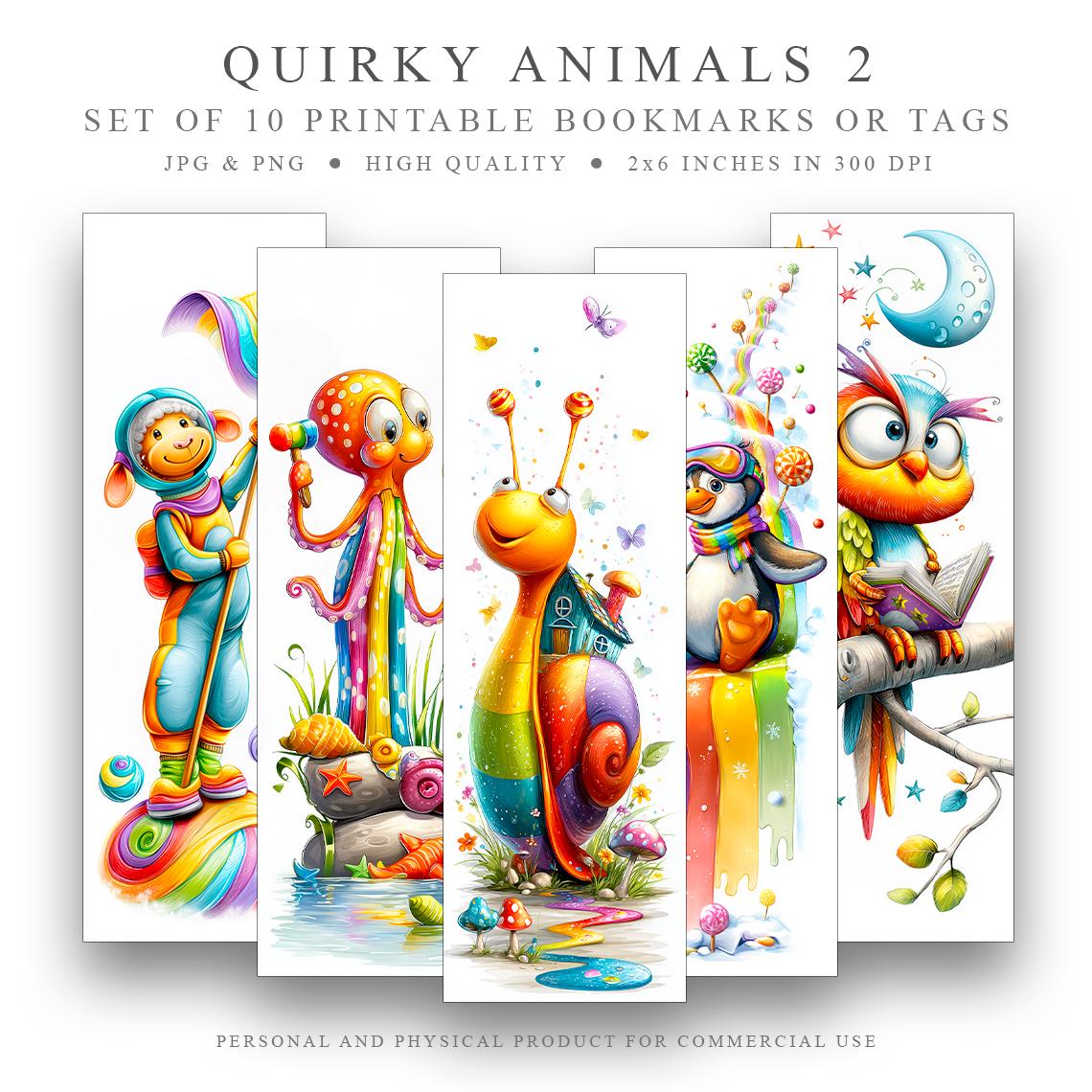 Quirky Animals 2, 10 printable Bookmarks Set, Digital Download JPG Bookmark, PNG bookmark sublimation, whimsical bookmark, instant download