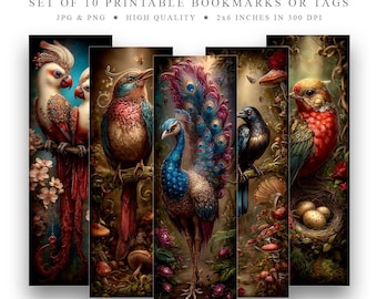 Whimsical Birds Bookmarks: Fantasy Forest Printable Set (PNG JPG Digital Download)