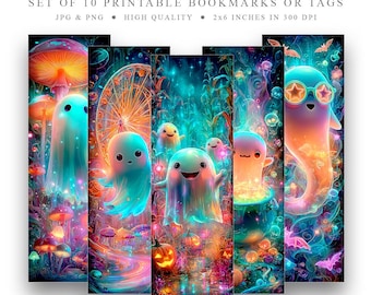 Neon Ghosts Bookmarks: Spooky Halloween Printable Set (JPG & PNG Digital Download