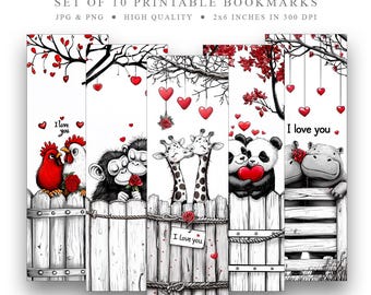Animals in Love Bookmarks Set – 10 Romantic Digital Download JPG PNG for Valentine&#39;s Day Sublimation, Instant Download, children bookmarks