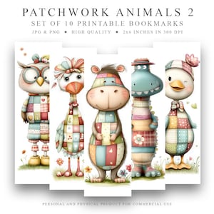 以下が含まれることがあります： パッチワーク動物のイラストが描かれた、印刷可能なブックマーク10個セット。動物には、フクロウ、ガチョウ、カバ、恐竜、ヒヨコが含まれています。各ブックマークは、5.1 cm x 15.2 cm、300 DPIです。