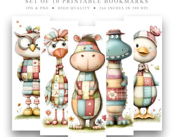 10 patchwork animals volume 2, Bookmarks Set, Digital Download JPG Bookmark, PNG bookmark sublimation, whimsical bookmark, instant download