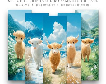 Cute Highland Cows Bookmarks Set, Printable Animal Bookmarks, Digital Download for Book Lovers (jpg, png), kids bookmarks, farm animals