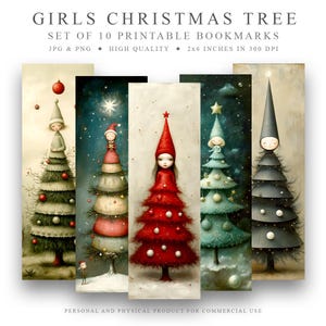 10 Girls Christmas Tree Bookmarks, Digital Download JPG Bookmark, PNG bookmark sublimation, whimsical bookmark, instant download, xmas gift