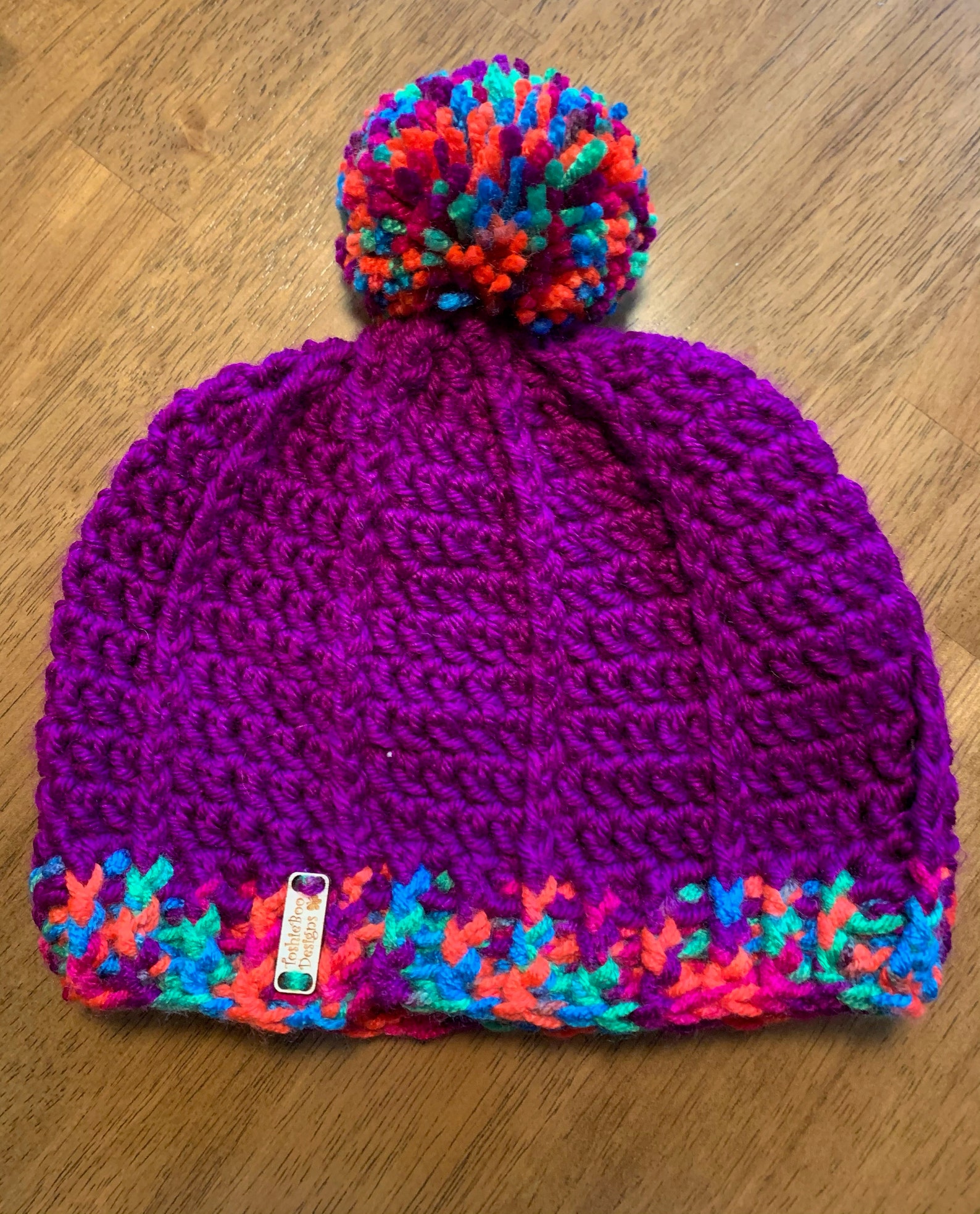 Neon Purple Youth Pom Hat with unique stitch and ribbed cuff. | Etsy