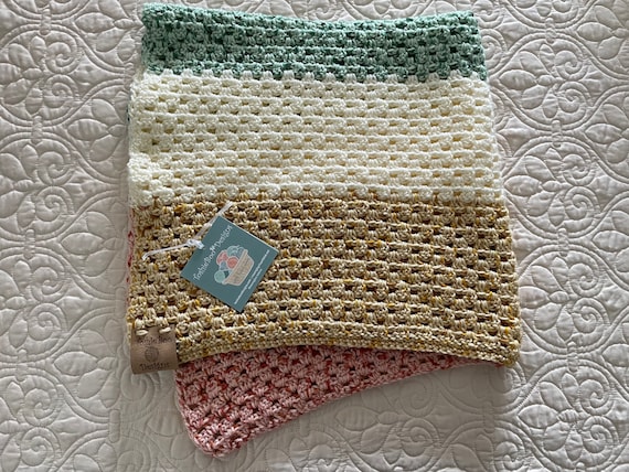 Modern Granny Square Baby Blanket in Gold, Cream, Green, and Peach. Heavy-weight. FREE SHIPPING.