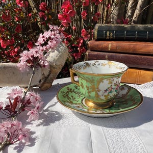 Antique British porcelain teacup gilded with fine gold / elegant hand painted china green gold and pink flowery decor