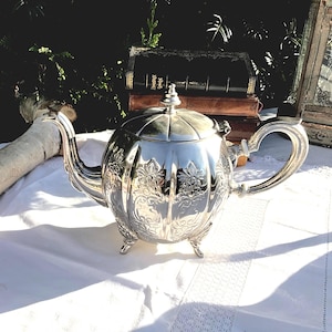 Vintage Embossed Silver Metal Teapot: French Victorian Home Decor